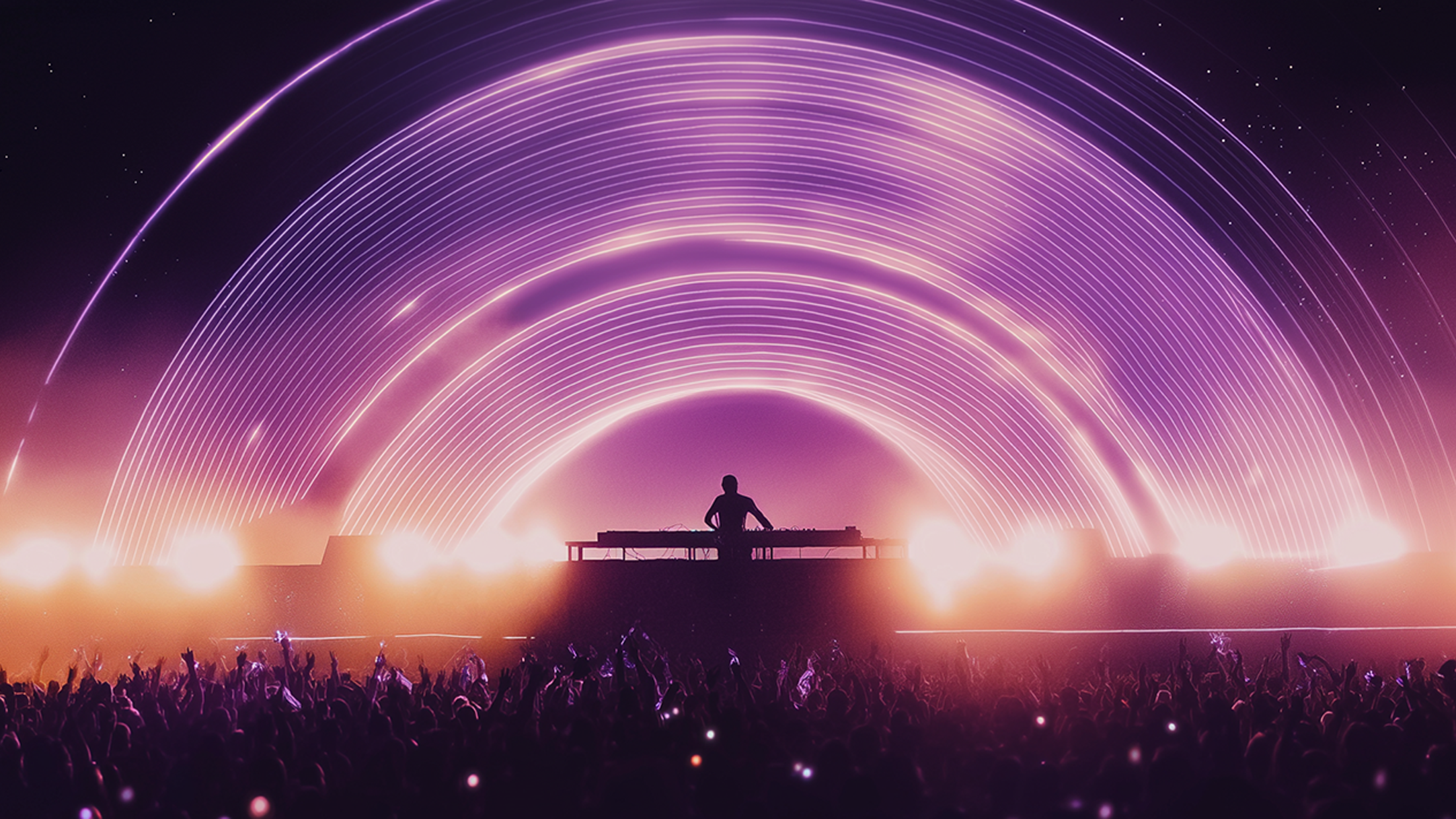 DJ performing with cosmic light effects and crowd