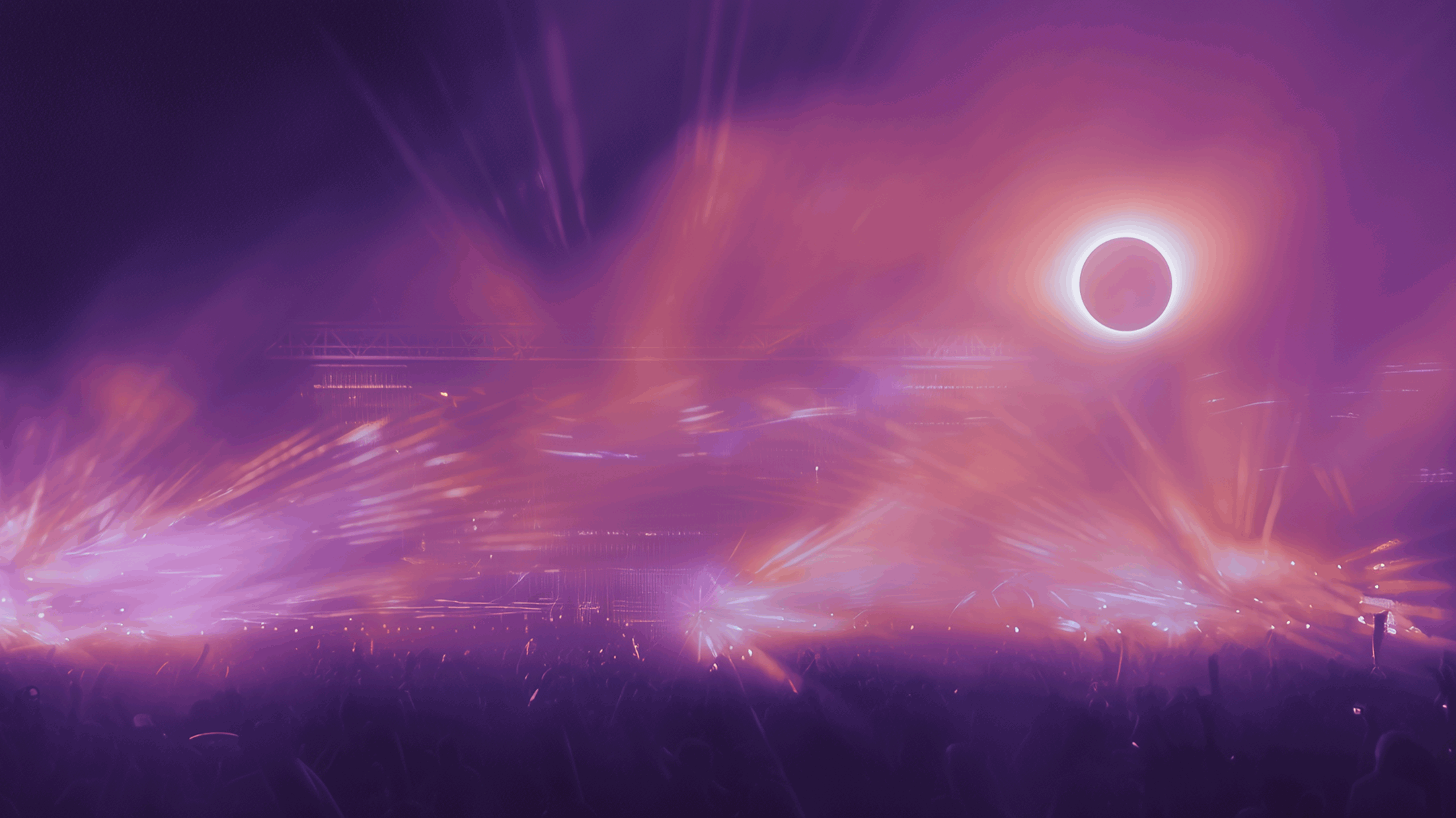 Solar eclipse above festival stage with cosmic light effects