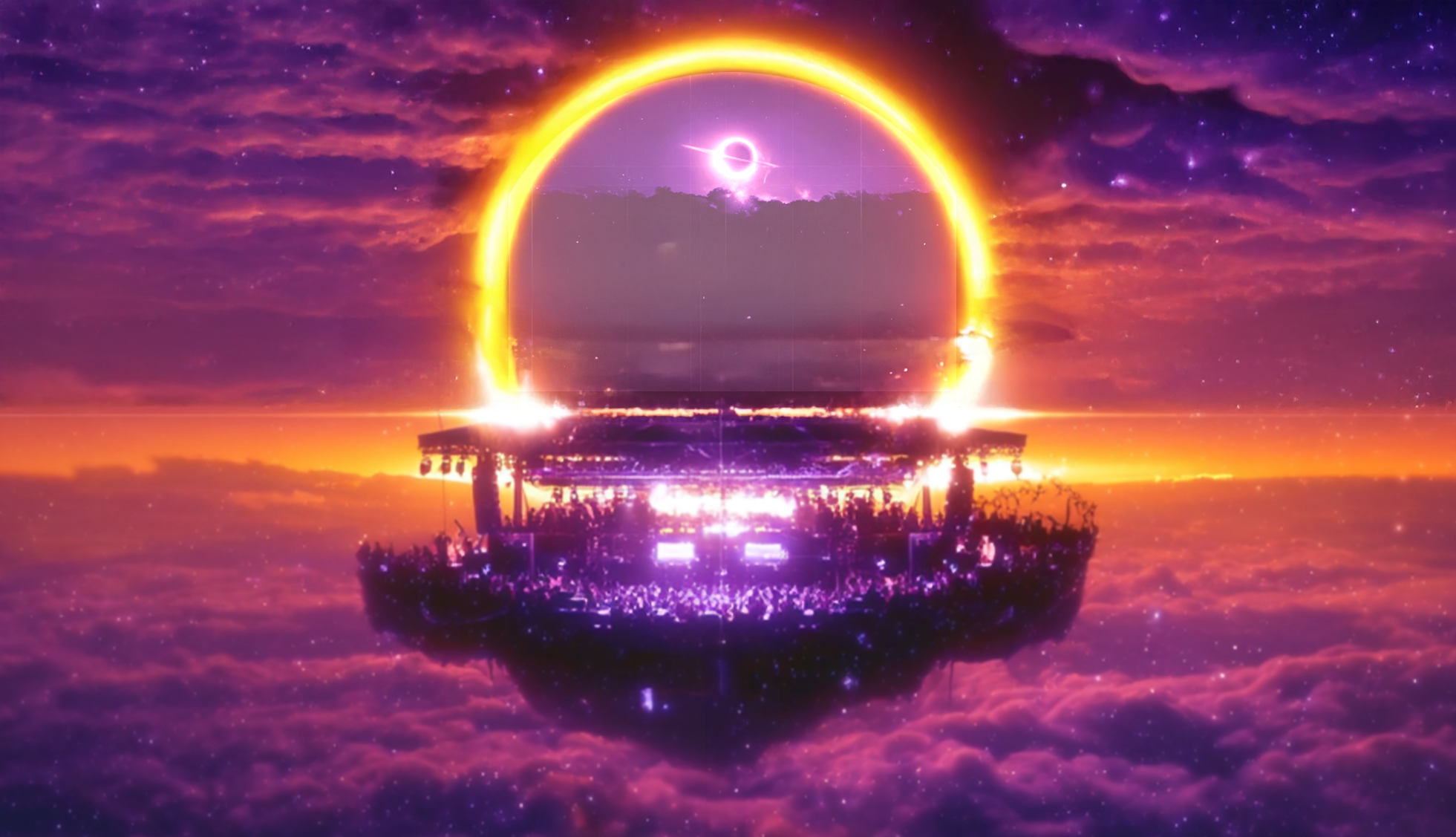 Floating festival platform in space with eclipse and cosmic atmosphere